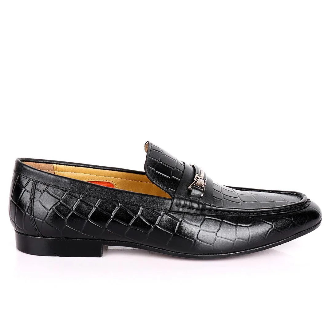 John Foster Full Crocodile Leather With Simple Chain Designed Men's Shoe-Black